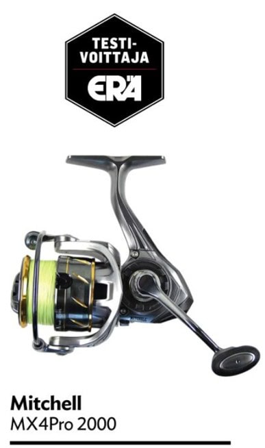 image001 2 | Erä-Lindroos Mitchell MX4Pro 2000 spinning fishing reel with ERA Testi Voittaja badge above.